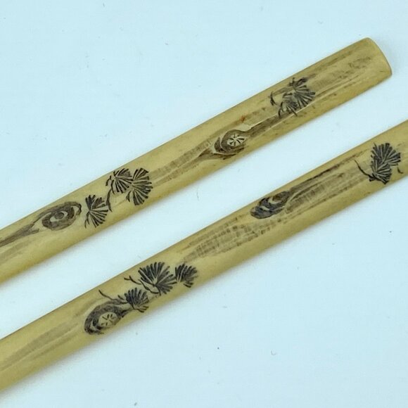 Art Deco Japanese Scrimshaw bone polychrome hairsticks 6.5\
